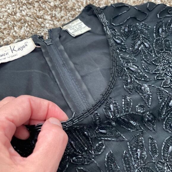 Vintage 80s Laurence Kazar Beaded Shortsleeve Black Formal Cocktail Dress Large - Picture 10 of 16